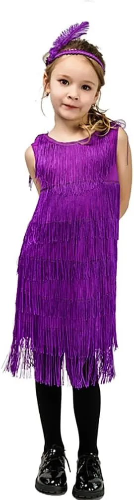 20s Flapper Dresses for Girls Salsa Latin Dance Dress 1920s Gatsby Tassel Fringe Flapper Dress   Feather Headband Dancewear