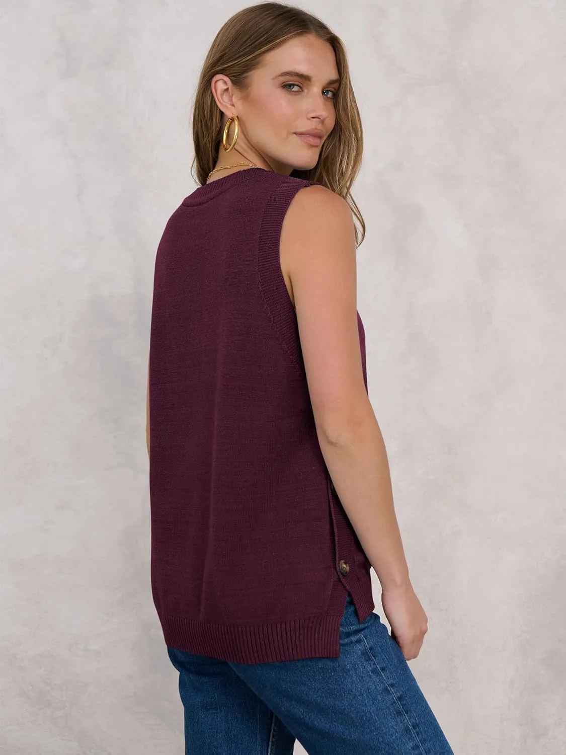 ANRABESS Womens Sweater Vest Summer Sleeveless Crewneck Ribbed Knit Side Button Pullover Tank Tops 2025 Outfits