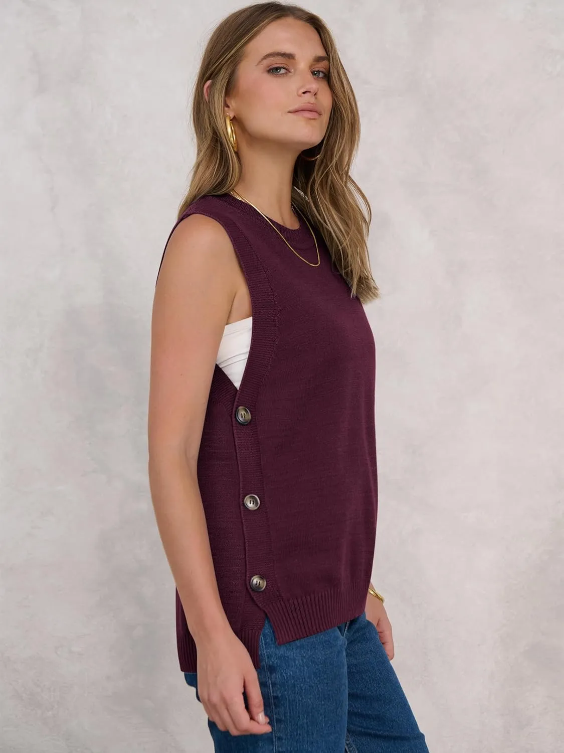 ANRABESS Womens Sweater Vest Summer Sleeveless Crewneck Ribbed Knit Side Button Pullover Tank Tops 2025 Outfits