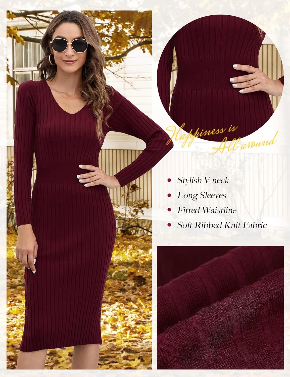 Blooming Jelly Womens Midi Sweater Dress Long Sleeve V Neck Bodycon Fall Dresses 2023 Casual Knee Length Ladies Winter Dress