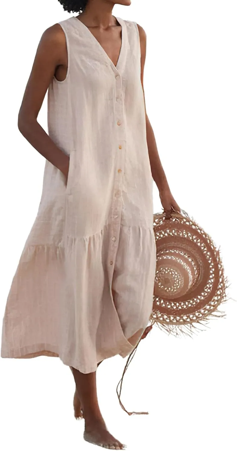chouyatou Women's Summer Sleeveless Button Down Cotton Tank Dress Loose A-Line Tiered Tunic Beach Dress