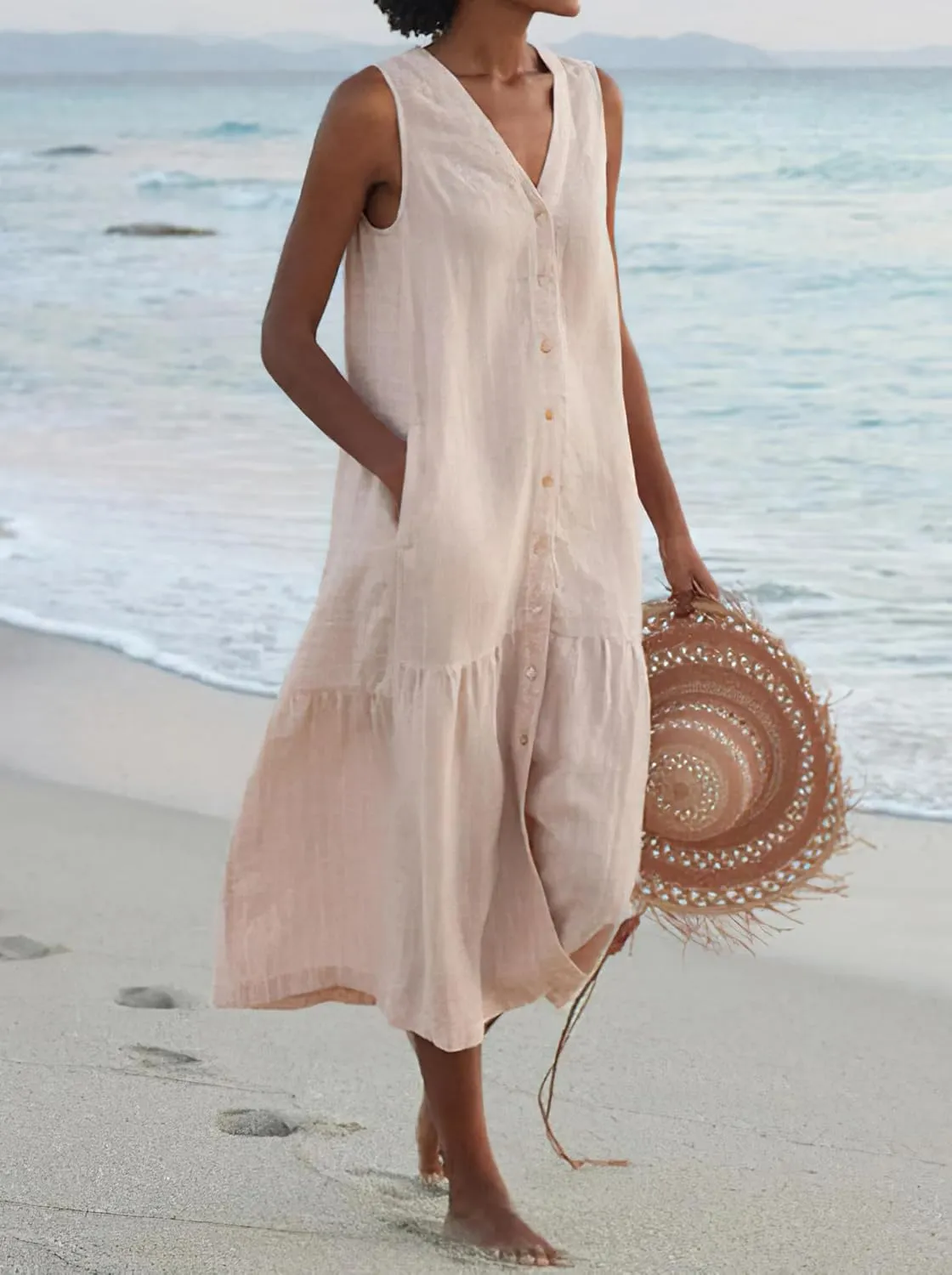 chouyatou Women's Summer Sleeveless Button Down Cotton Tank Dress Loose A-Line Tiered Tunic Beach Dress