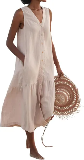 chouyatou Women's Summer Sleeveless Button Down Cotton Tank Dress Loose A-Line Tiered Tunic Beach Dress