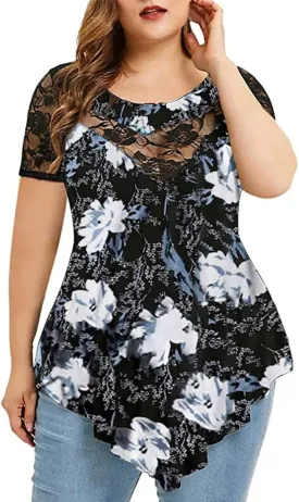 Chvity Womens Plus Size Tops O-Neck Asymmetric Short Sleeve Tunics Lace Blouse Shirts for Summer Casual S-5X