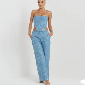Denim Sequined Tube Top Wide Leg Pants Outfit Set
