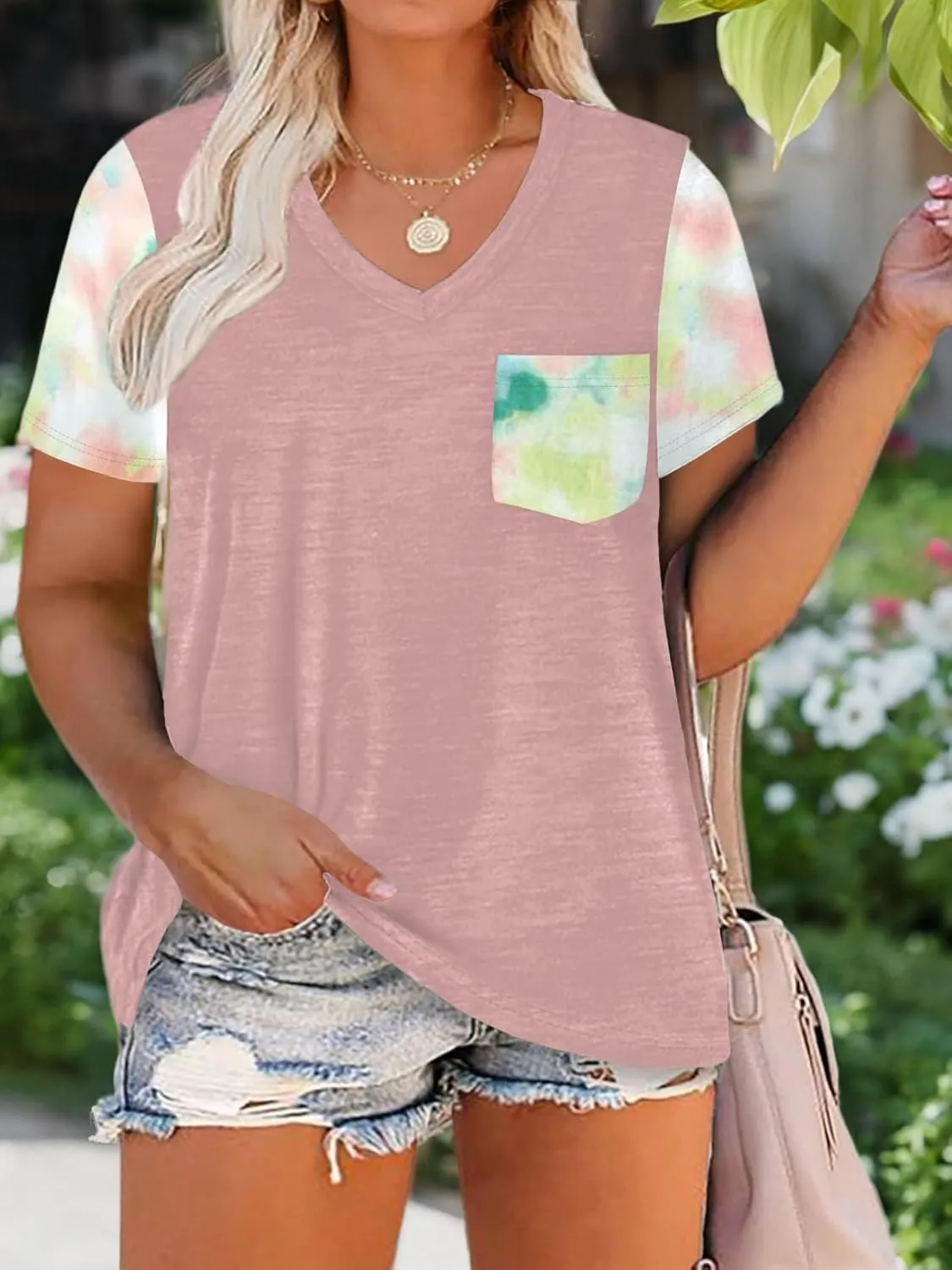 DOLNINE Plus-Size Tops for Women V Neck T Shirts Summer Tunics with Pocket