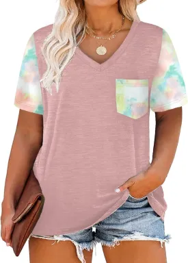 DOLNINE Plus-Size Tops for Women V Neck T Shirts Summer Tunics with Pocket