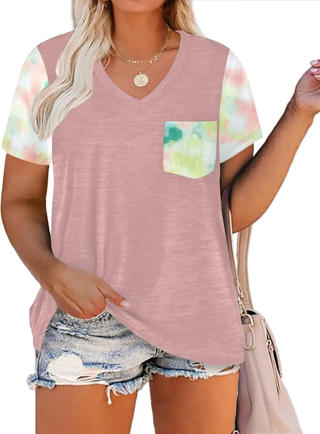 DOLNINE Plus-Size Tops for Women V Neck T Shirts Summer Tunics with Pocket
