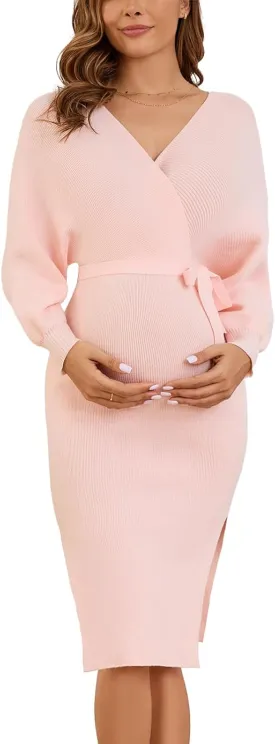 Ecavus Women's Maternity Sweater Dress Wrap V-Neck Maternity Dress for Photoshoot Baby Shower Pregnancy Outfits