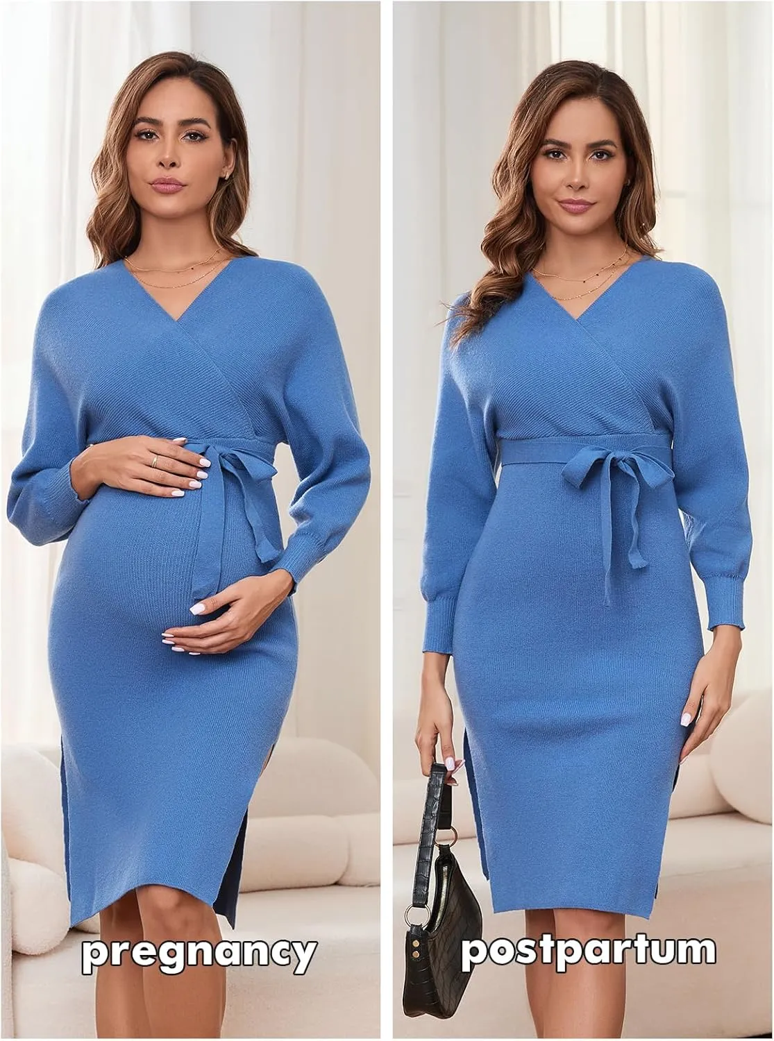 Ecavus Women's Maternity Sweater Dress Wrap V-Neck Maternity Dress for Photoshoot Baby Shower Pregnancy Outfits