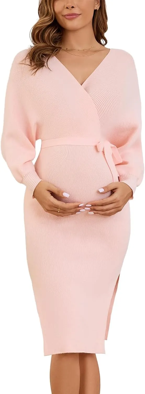 Ecavus Women's Maternity Sweater Dress Wrap V-Neck Maternity Dress for Photoshoot Baby Shower Pregnancy Outfits