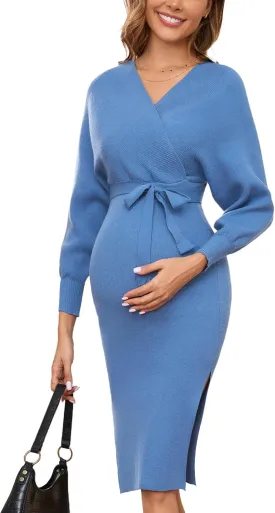 Ecavus Women's Maternity Sweater Dress Wrap V-Neck Maternity Dress for Photoshoot Baby Shower Pregnancy Outfits