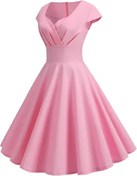 Elegant Midi Dresses for Women, V Neck Cap Sleeve Pleated Wrap Dress, Solid Color Vintage Cocktail Party Gowns