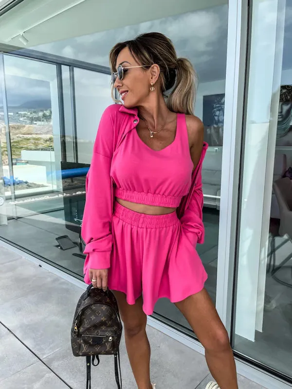 Fashion Trio: Elastic Waist Shorts   Crop Vest   Cardigan Shirt