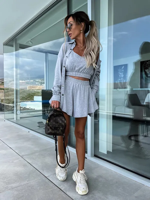Fashion Trio: Elastic Waist Shorts   Crop Vest   Cardigan Shirt