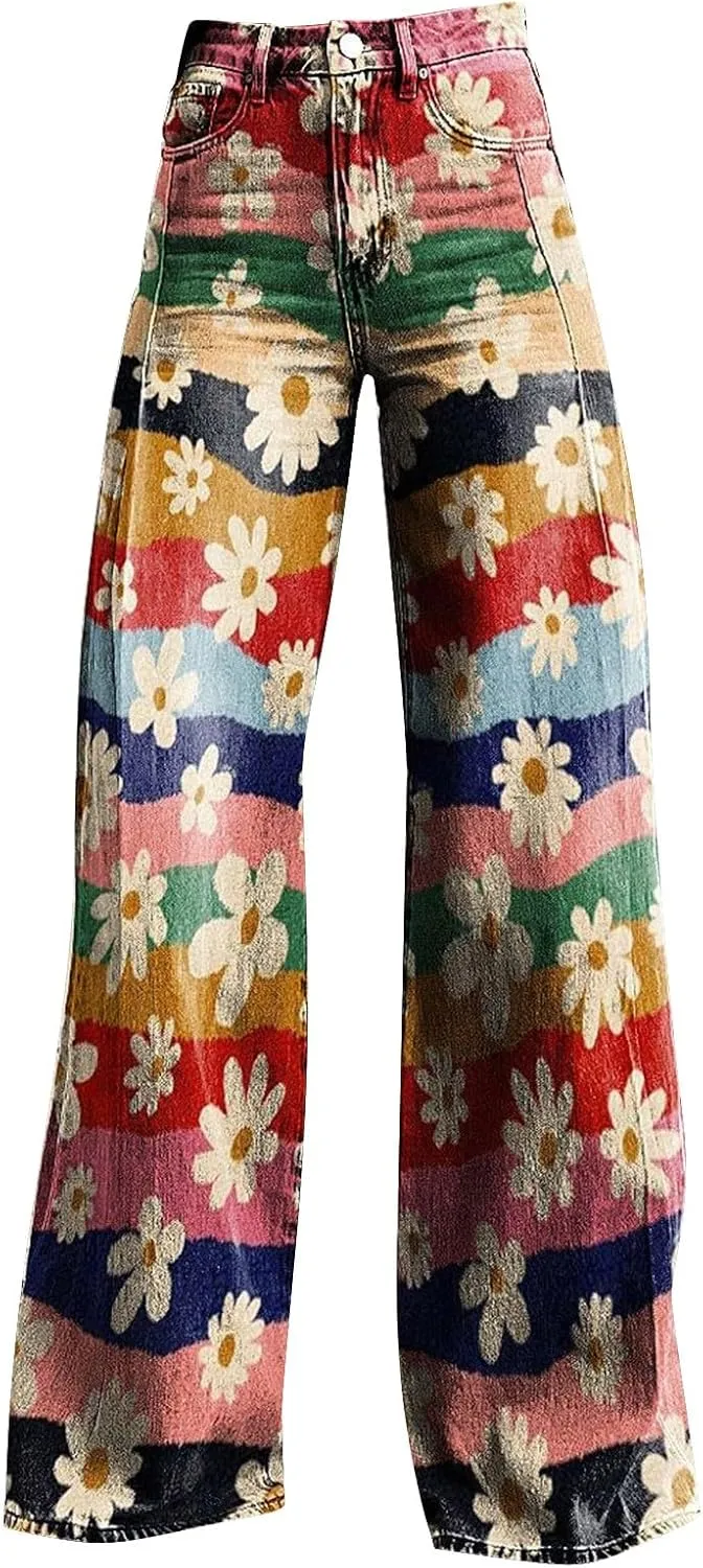 Flare Jeans for Women Wide Leg Jeans Woman Vintage Floral Print High Waisted Straight Stretch Pants with Pockets