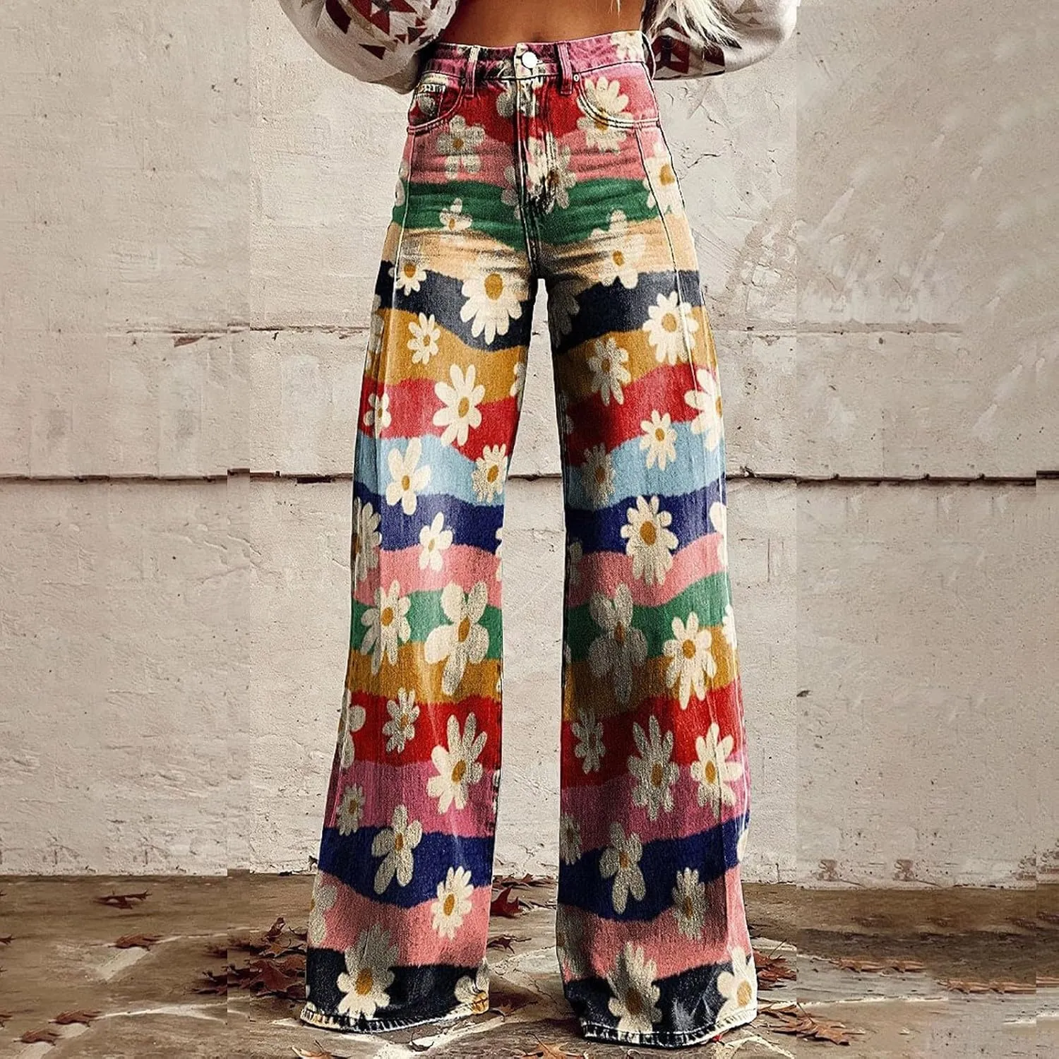 Flare Jeans for Women Wide Leg Jeans Woman Vintage Floral Print High Waisted Straight Stretch Pants with Pockets