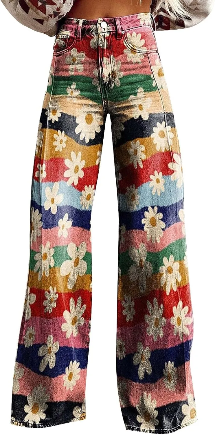 Flare Jeans for Women Wide Leg Jeans Woman Vintage Floral Print High Waisted Straight Stretch Pants with Pockets