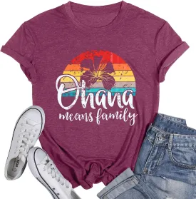 Hawaiian Shirts Women Ohana Means Family Shirt Hawaii Tropical Graphic Tees Summer Beach Tops Vacation Camping Outfits