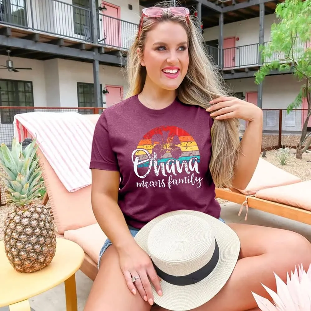 Hawaiian Shirts Women Ohana Means Family Shirt Hawaii Tropical Graphic Tees Summer Beach Tops Vacation Camping Outfits
