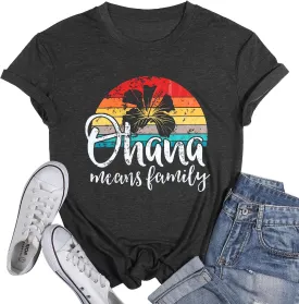 Hawaiian Shirts Women Ohana Means Family Shirt Hawaii Tropical Graphic Tees Summer Beach Tops Vacation Camping Outfits