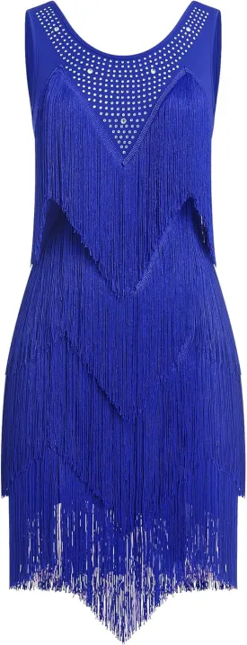 IWEMEK Rhinestones Layered Fringe Dress Ballroom Latin Dance Dress for Women Tiered Tassel Flapper Dresses Dancing Costume