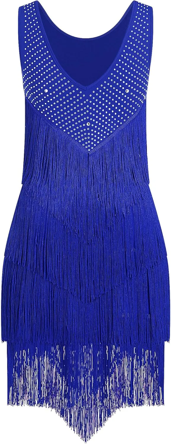 IWEMEK Rhinestones Layered Fringe Dress Ballroom Latin Dance Dress for Women Tiered Tassel Flapper Dresses Dancing Costume