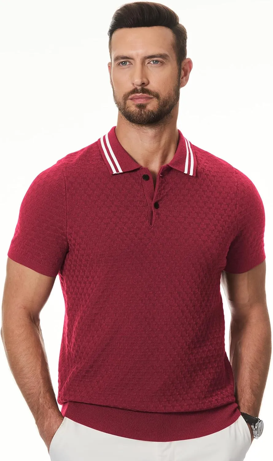JMIERR Men's Knit Polo Shirts Casual Short Sleeve Button Lightweight Shirt