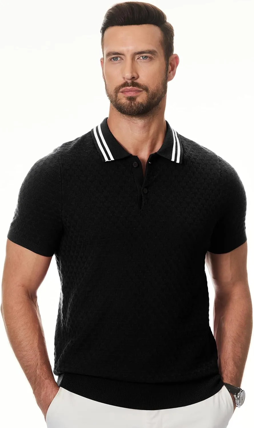 JMIERR Men's Knit Polo Shirts Casual Short Sleeve Button Lightweight Shirt