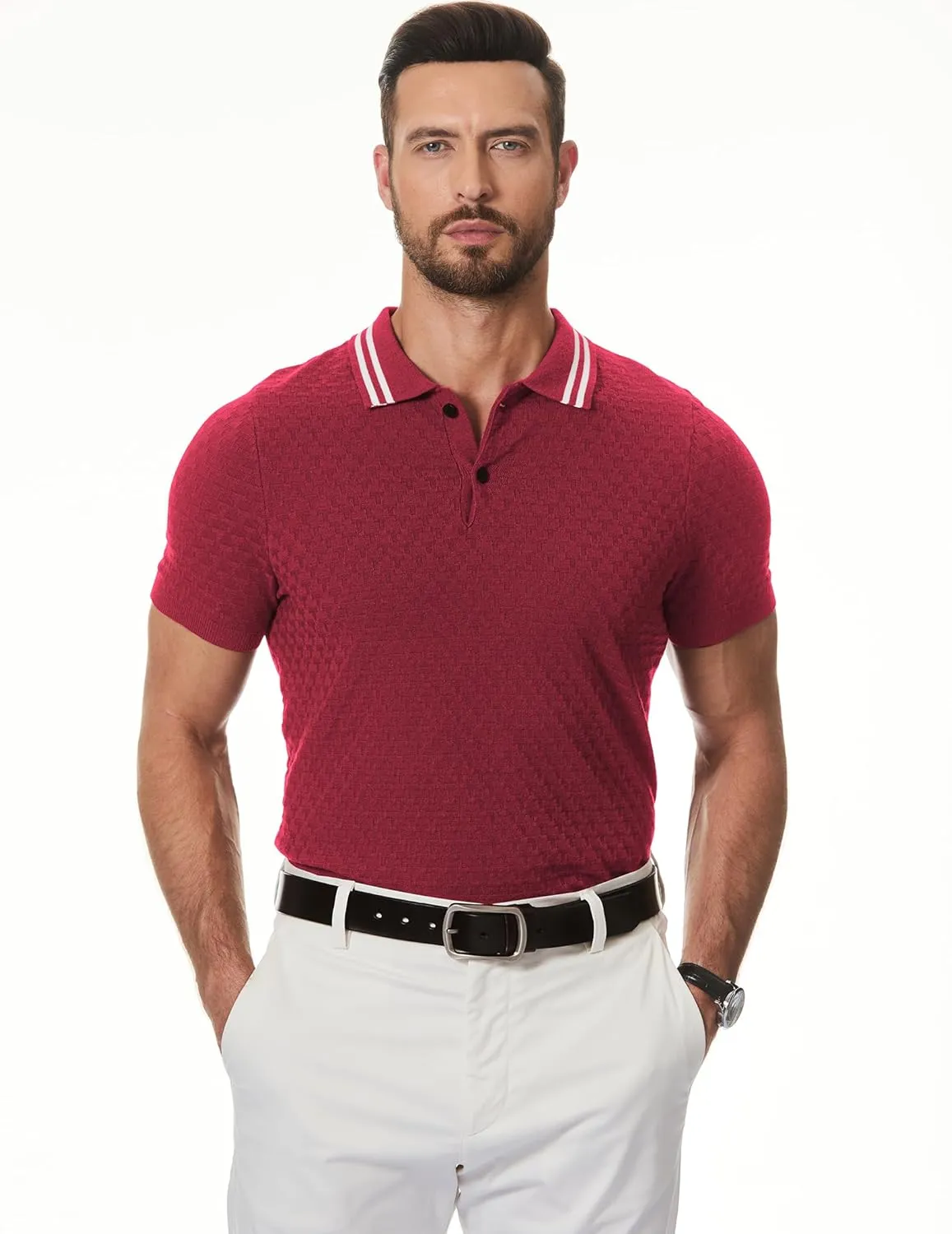 JMIERR Men's Knit Polo Shirts Casual Short Sleeve Button Lightweight Shirt