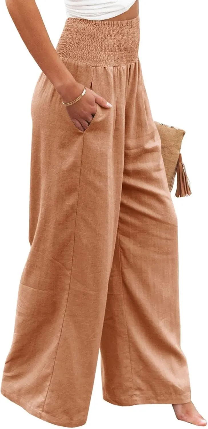 Kubbon Womens Wide Leg Pants Tummy Control High Waisted Linen Pants Casual Baggy Sweatpants Palazzo Trousers with Pockets