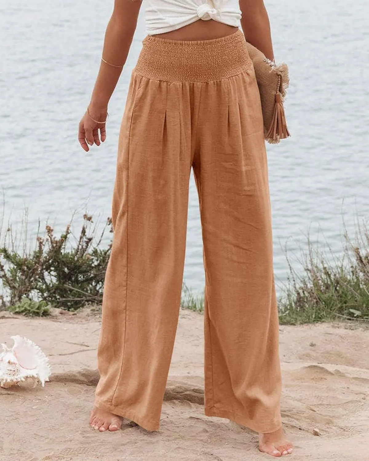 Kubbon Womens Wide Leg Pants Tummy Control High Waisted Linen Pants Casual Baggy Sweatpants Palazzo Trousers with Pockets