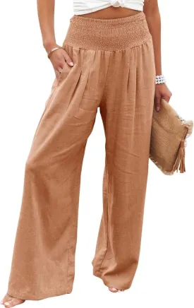 Kubbon Womens Wide Leg Pants Tummy Control High Waisted Linen Pants Casual Baggy Sweatpants Palazzo Trousers with Pockets