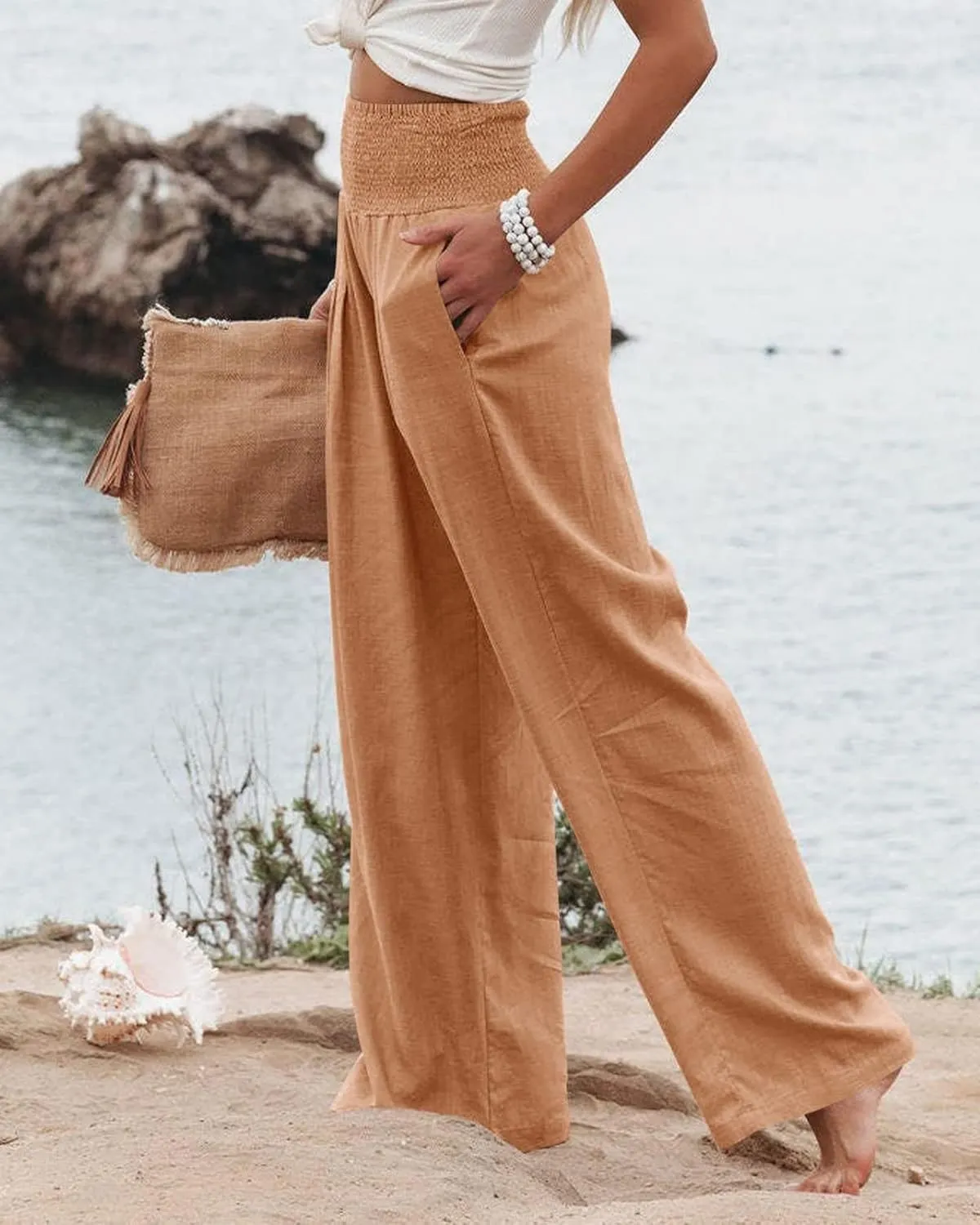 Kubbon Womens Wide Leg Pants Tummy Control High Waisted Linen Pants Casual Baggy Sweatpants Palazzo Trousers with Pockets