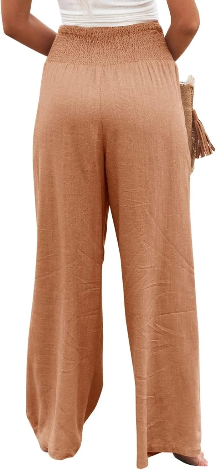 Kubbon Womens Wide Leg Pants Tummy Control High Waisted Linen Pants Casual Baggy Sweatpants Palazzo Trousers with Pockets