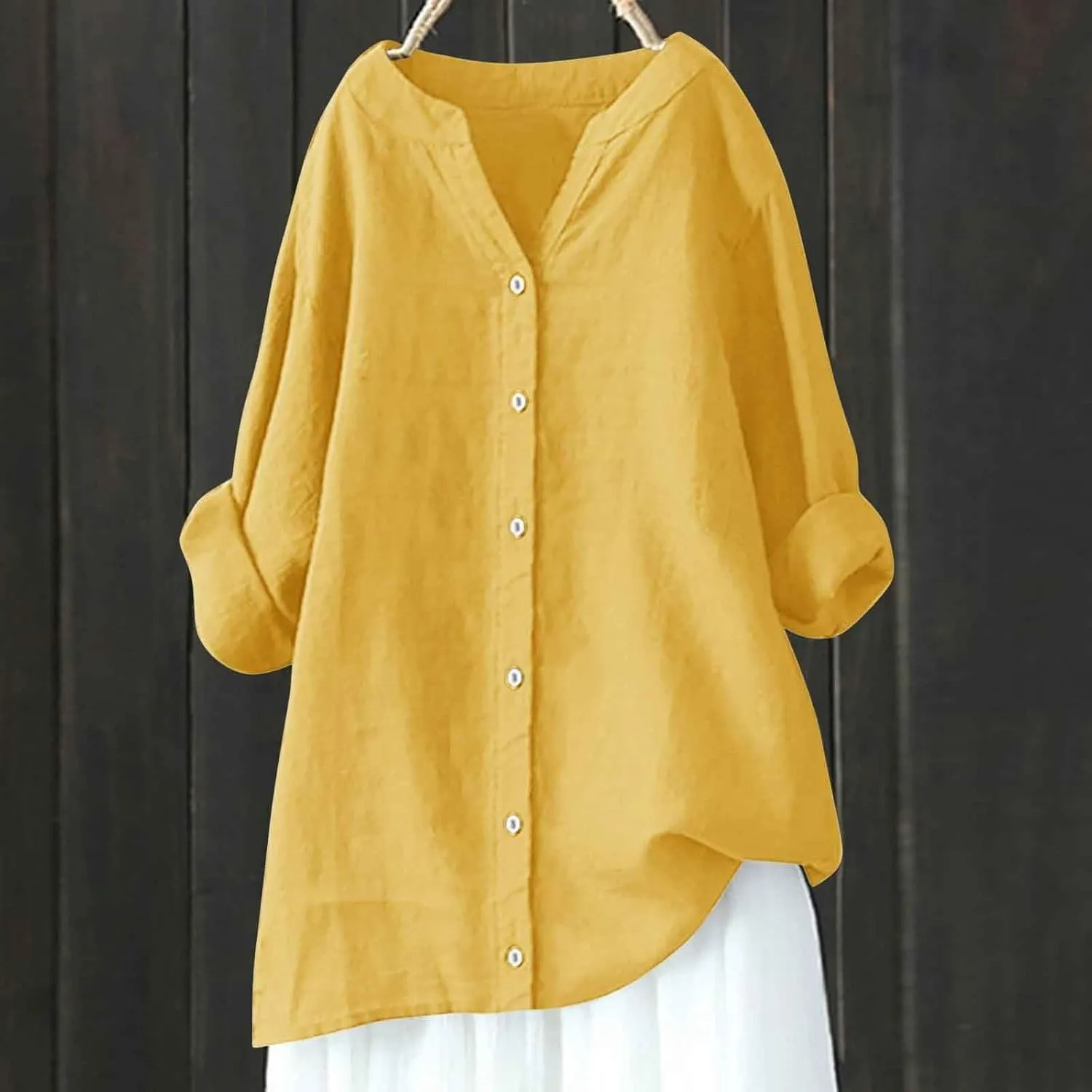 Linen Shirts for Women Short Sleeve Loose Button Shirt Top Stand Solid Color Medium Sleeve Long Sleeve Cotton Gauze