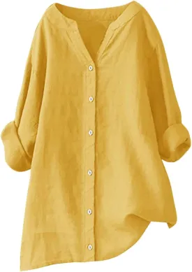 Linen Shirts for Women Short Sleeve Loose Button Shirt Top Stand Solid Color Medium Sleeve Long Sleeve Cotton Gauze