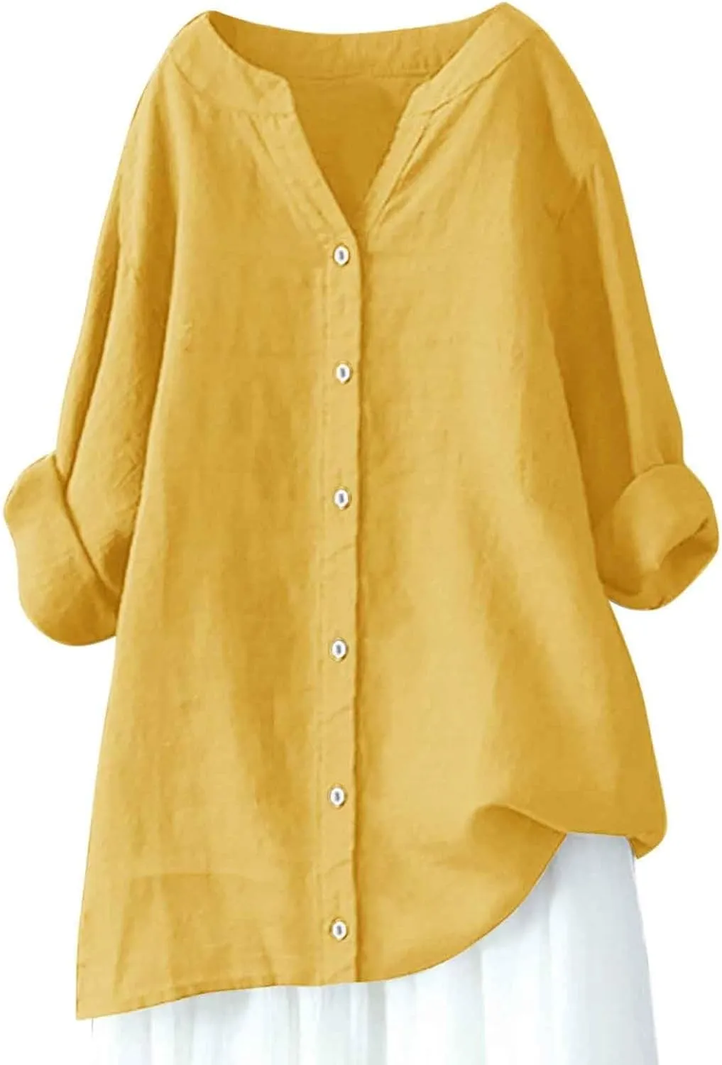 Linen Shirts for Women Short Sleeve Loose Button Shirt Top Stand Solid Color Medium Sleeve Long Sleeve Cotton Gauze