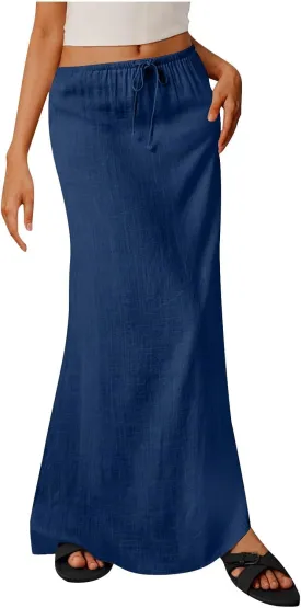 Long Skirts for Women Boho Vacation Flowy Maxi Skirt Lightweight Drawstring Low Rise Ankle Length Slim A Line Skirt