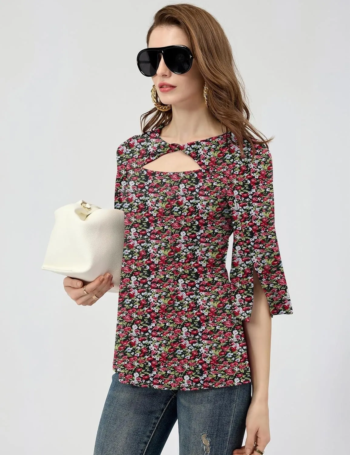 LUYAA Women's 3/4 Sleeve Tops Dressy Casual Summer Cut Out Twist Knot Elegant Blouse Tunics