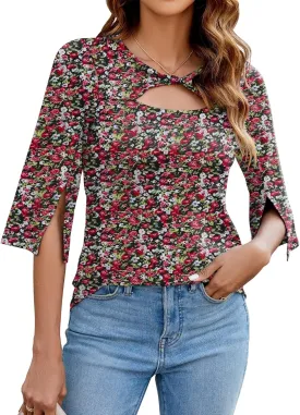 LUYAA Women's 3/4 Sleeve Tops Dressy Casual Summer Cut Out Twist Knot Elegant Blouse Tunics