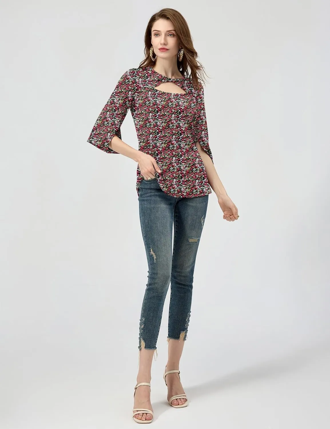 LUYAA Women's 3/4 Sleeve Tops Dressy Casual Summer Cut Out Twist Knot Elegant Blouse Tunics
