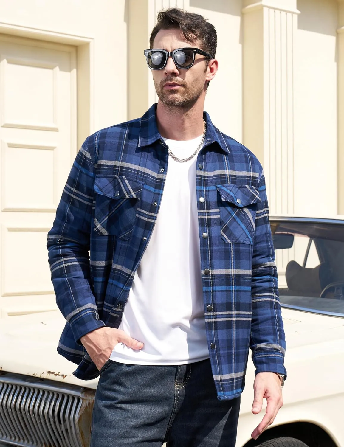 MAGCOMSEN Men's Flannel Shirt Jacket with Quilted Lined Long Sleeve Plaid Coat Button Down Thick Outwear Winter