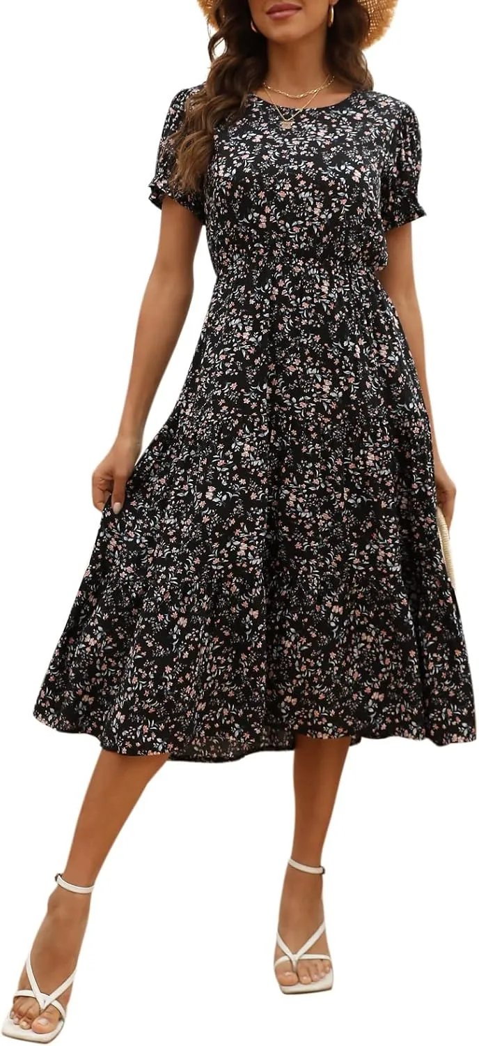 NAVINS Women Floral Print Puff Sleeve Tiered A-Line Swing Midi Dress with Pockets NA1002
