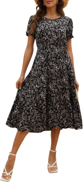 NAVINS Women Floral Print Puff Sleeve Tiered A-Line Swing Midi Dress with Pockets NA1002