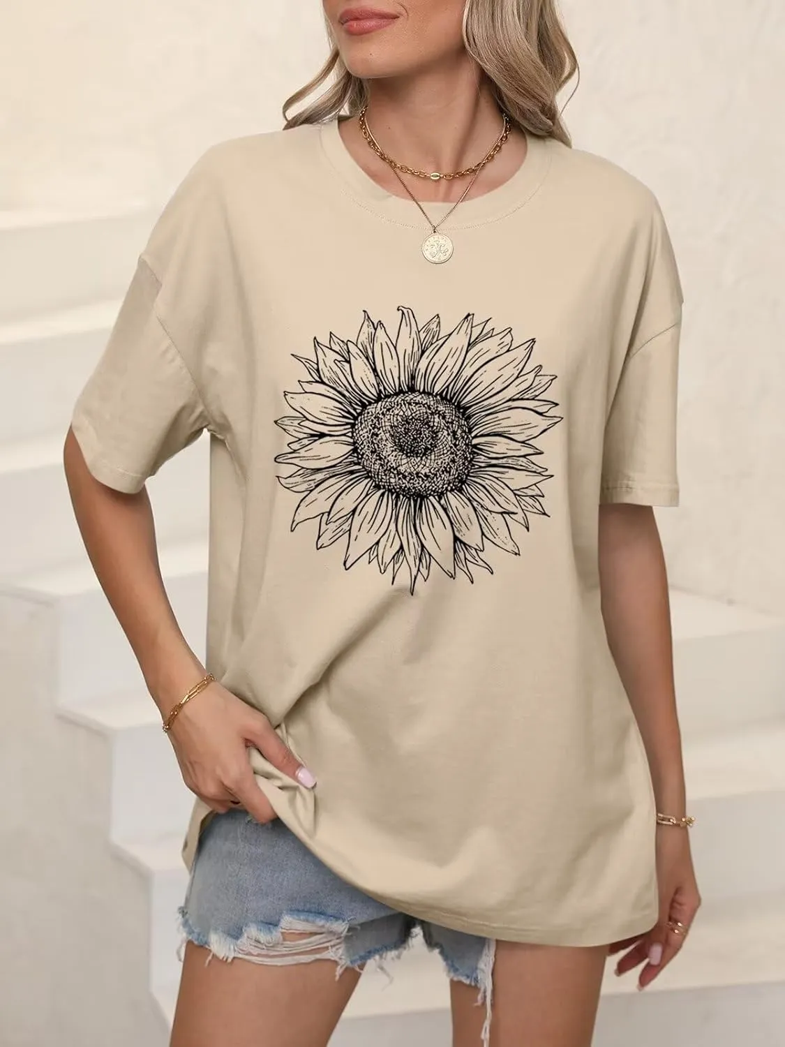 ORANDESIGNE Womens Oversized Graphic Print Short Sleeve Tunic Tops Crew Neck Casual Drop Shoulder T Shirts