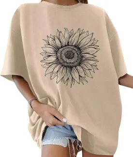 ORANDESIGNE Womens Oversized Graphic Print Short Sleeve Tunic Tops Crew Neck Casual Drop Shoulder T Shirts
