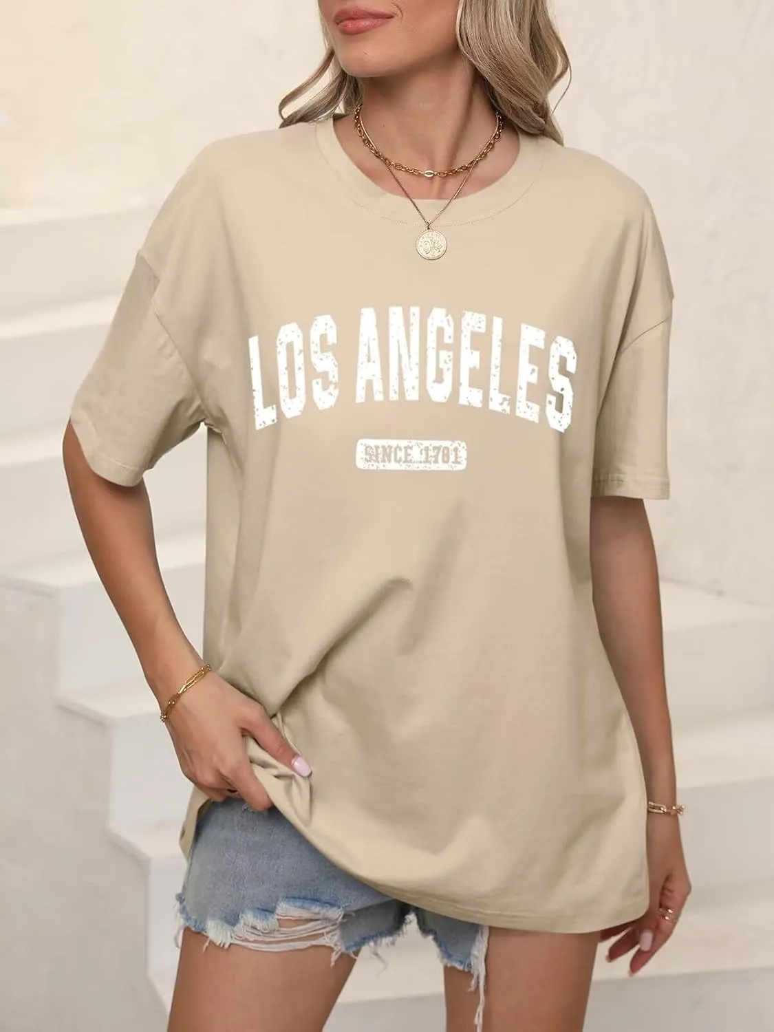 ORANDESIGNE Womens Oversized Graphic Print Short Sleeve Tunic Tops Crew Neck Casual Drop Shoulder T Shirts