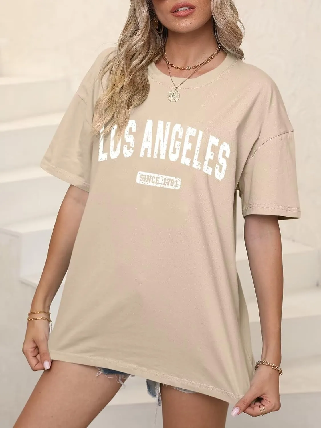 ORANDESIGNE Womens Oversized Graphic Print Short Sleeve Tunic Tops Crew Neck Casual Drop Shoulder T Shirts