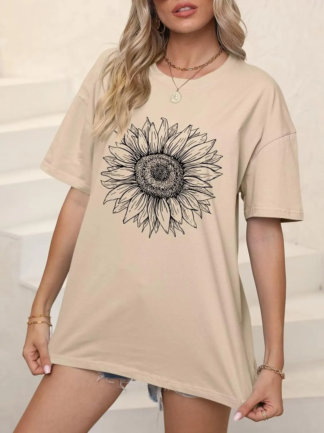 ORANDESIGNE Womens Oversized Graphic Print Short Sleeve Tunic Tops Crew Neck Casual Drop Shoulder T Shirts
